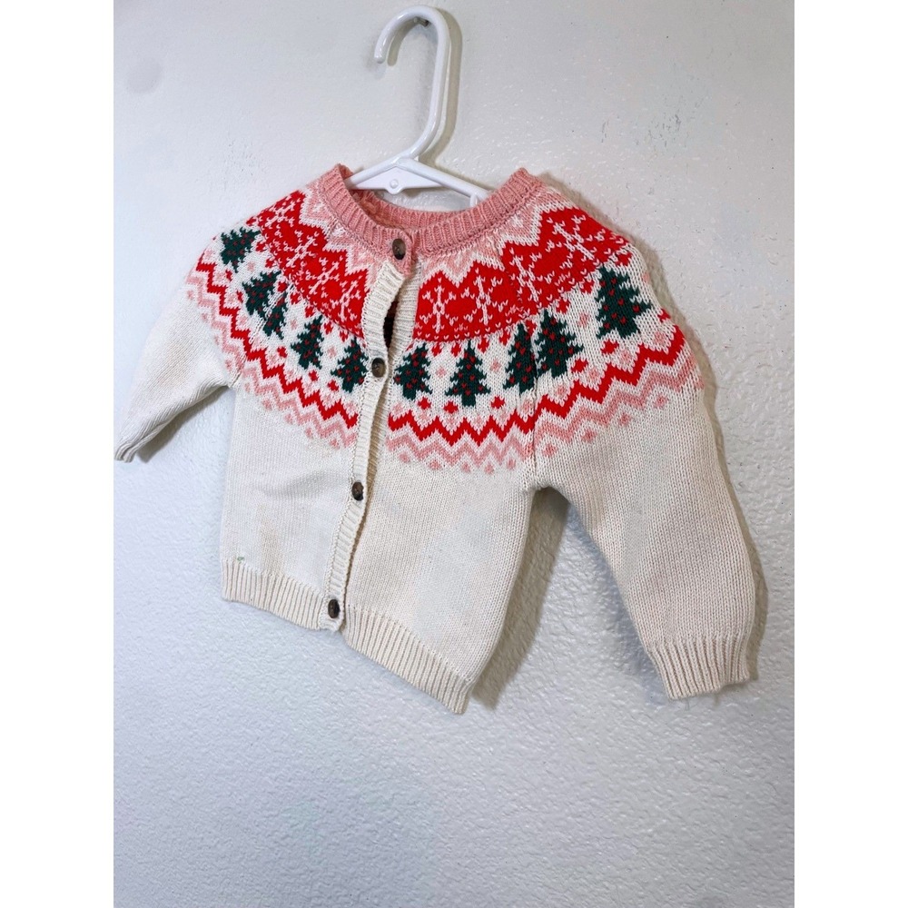 Starting Out Baby Girls 3M Fair Isle Christmas Tree Sweater‎ Cardigan Cream Red